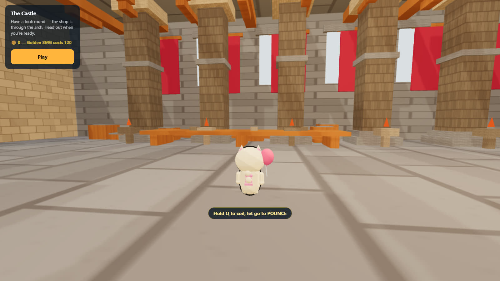 The great hall of the KittyKlash castle — stone pillars, red banners and wooden roof beams