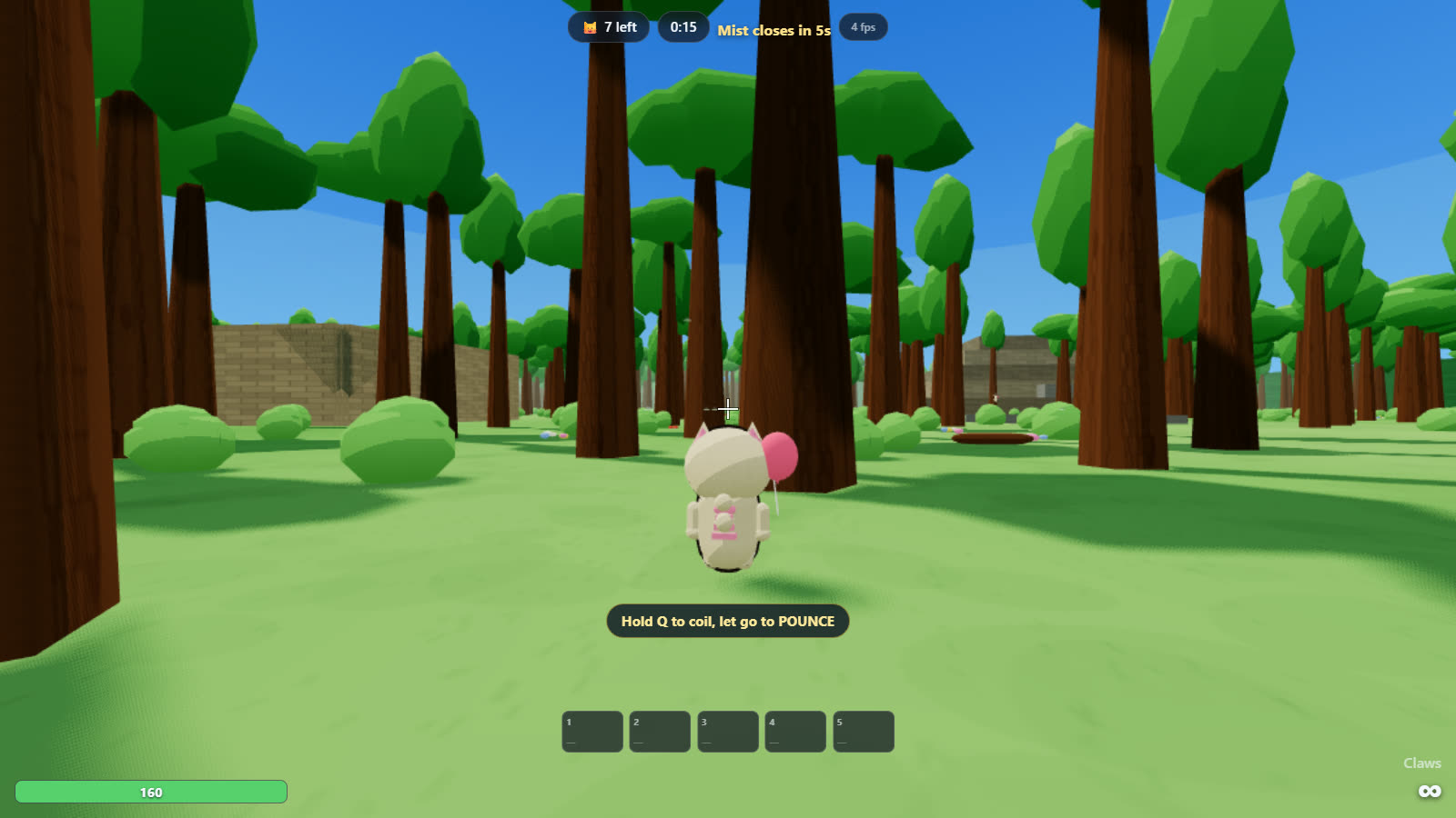 A cat stands in a clearing of the KittyKlash forest, low-poly trees in every direction