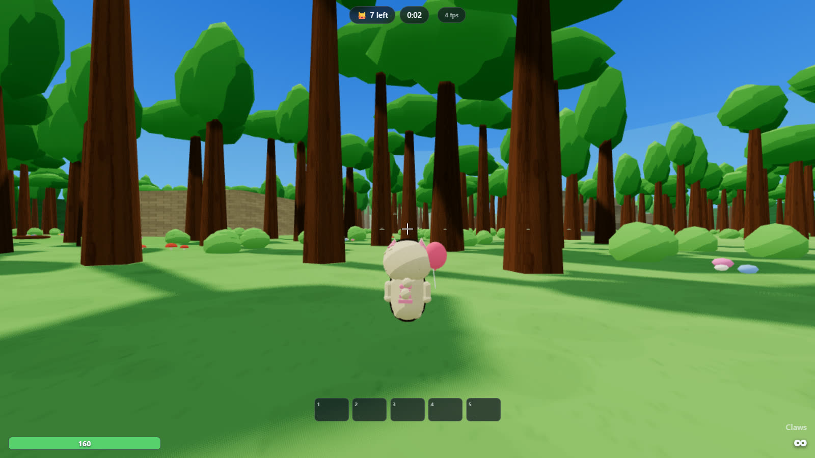 A KittyKlash cat in the forest arena with the HUD showing weapon slots