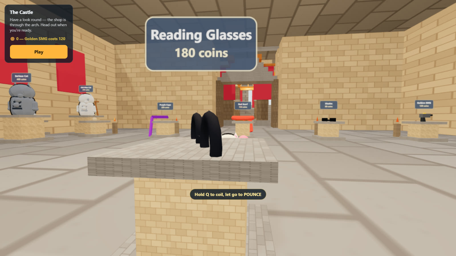The KittyKlash castle shop, with hats, capes and cats standing on stone plinths with prices above them